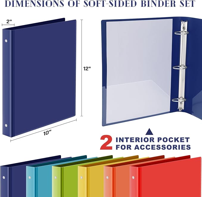 Fulmoon 6 Pack Plastic 3 Ring Binder Assorted Colors Economy Flexible Round Ring Presentation Binders with Pocket for Office School Meeting(2 Inch,Rainbow Colors)