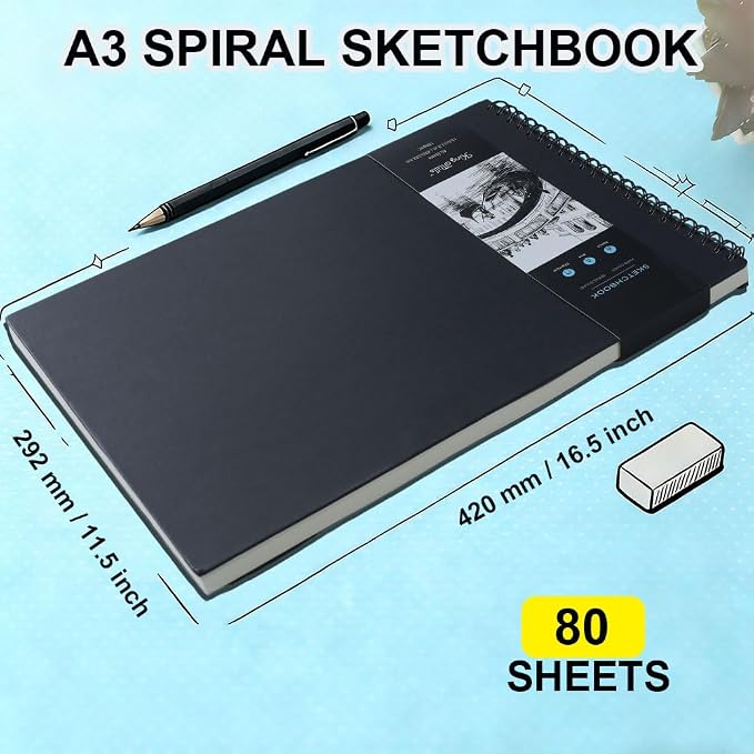 King Mills Big Sketchbook, Hard Cover Sketch Book, A3 Notebook, 11.7"x16.5" | 160GSM Extra Thick Paper, Spiral Bound, For Painting & Mixed Media, Art Book, 40 Sheets/ 80 Pages