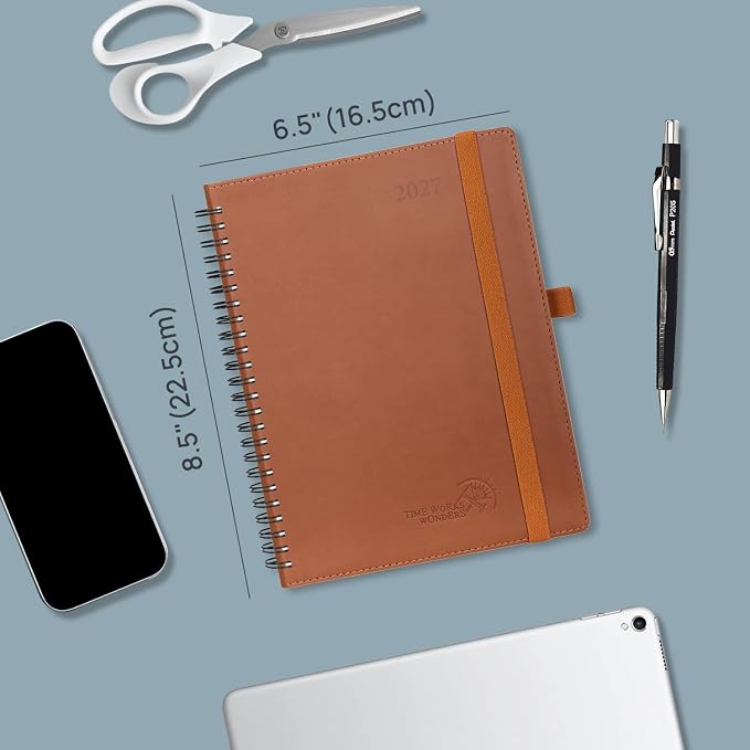 POPRUN 2027 Planner, 6.5'' x 8.5'', Weekly and Monthly Daily Calendar Book | 2027 Agenda(Jan - Dec) Appointment Book with Hourly Time Slots, Monthly Tabs, 100GSM, Spiral Leather Cover - Black