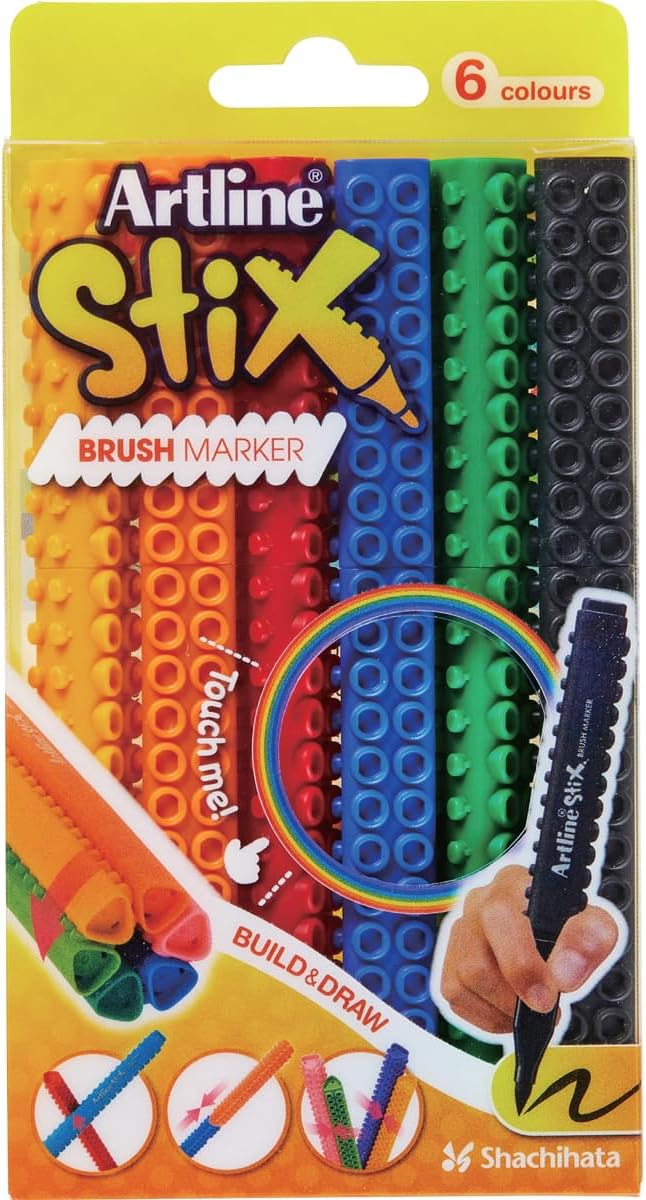 Artline Stix Stackable Brush Markers, Assorted Colors, 6 Pack | Connecting marker pens for hand lettering, calligraphy, coloring, drawing and creative building activities
