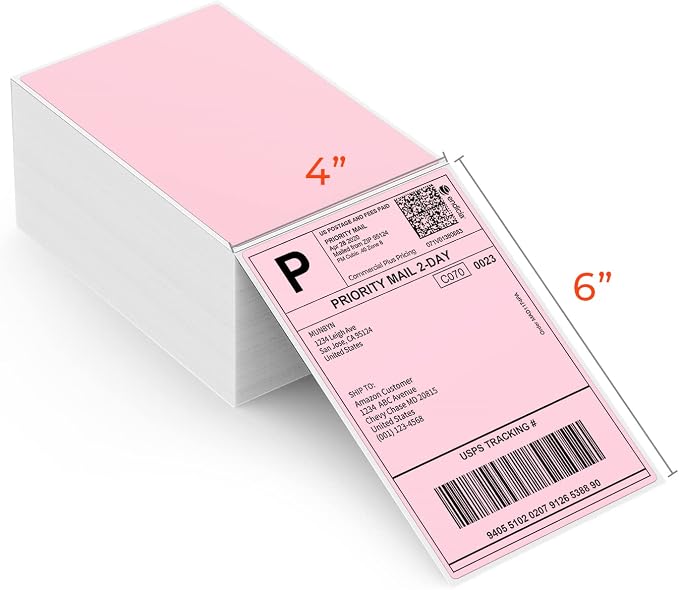 MUNBYN 4x6 Inch Pink Thermal Printer Labels for Packages, 500 Sheets/Stack | 4"x6" Fanfold Shipping Labels, No BPA and BPS, Print Clear and Sharp, Strong Adhesive, Compatible with Most Thermal Printers