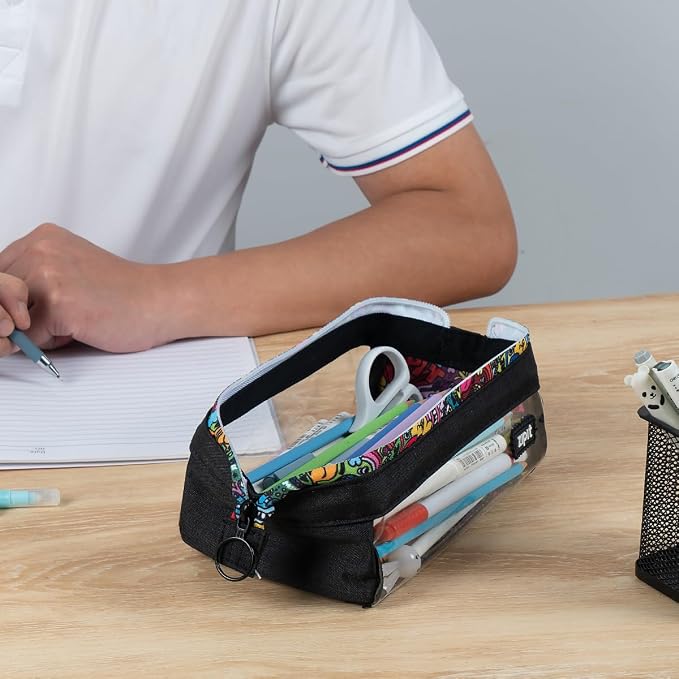 ZIPIT: Lenny Pencil Case - Clear & Doodles - Large Storage Capacity Zipper Pouch, Colorful Makeup-Stationery Bag, School-Office-Travel, Kid-Teen-Adult