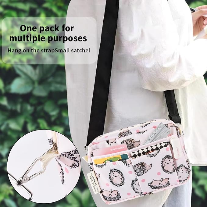 E-WEICHEN Multiple Pockets Portfolio Organizer with Zippered, Makeup Bag Travel Essentials for Women, Simple Waterproof Stationery Pencil Pouch Bag for Journal Office Art Supplies.Pink Hedgehog