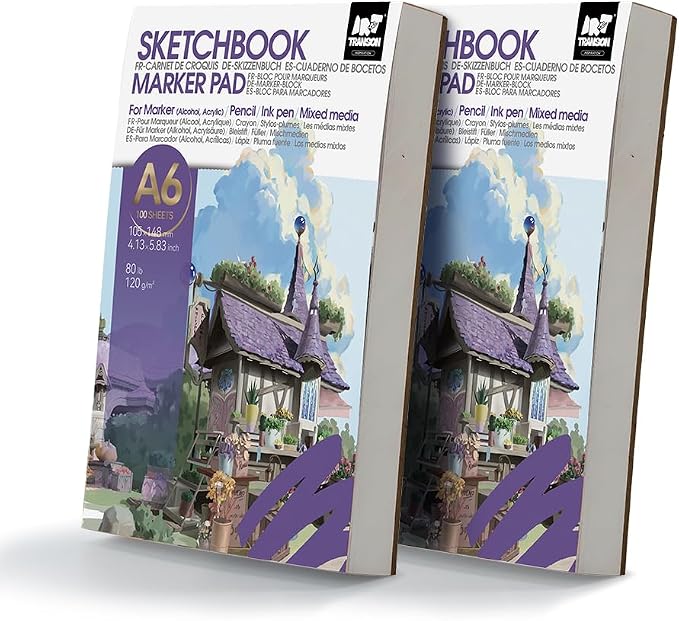 TRANSON 2 Pack A6 Mini Sketchbook Marker Pad, 80lb/120gsm Heavyweight Art Paper, No Bleed Through, 100 Sheets/200 Pages 4.13"x5.83" for Drawing & Sketching