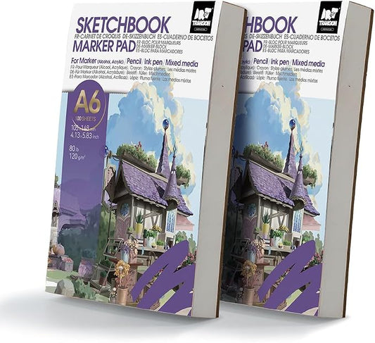 TRANSON 2 Pack A6 Mini Sketchbook Marker Pad, 80lb/120gsm Heavyweight Art Paper, No Bleed Through, 100 Sheets/200 Pages 4.13"x5.83" for Drawing & Sketching