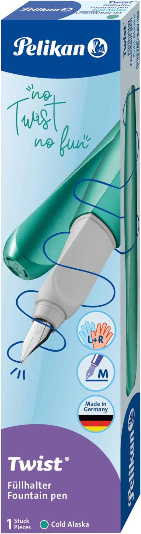 Pelikan Twist Fountain Pen with 1 Ink Cartridge, Medium Nib, Cold Alaska, Boxed (820165)