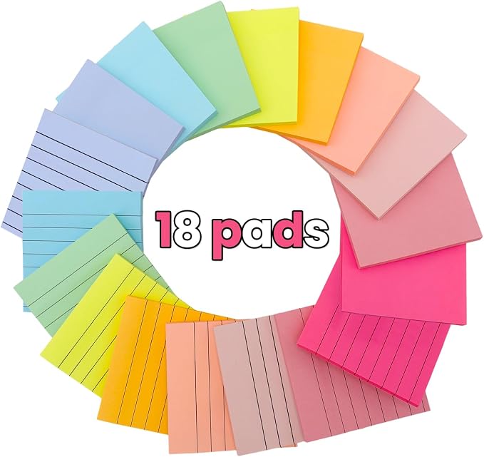 18 Pack Lined and Blank Pads 3x3 Sticky Notes Bulk Pack 9 Colors 56 Sheets | Back to School Supplies for Students;Clean To-Do Lists;Office Supplies for Professionals
