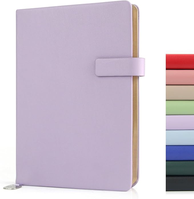 Hardcover Leather Journal Notebook A5 Lined 212 Pages 5x8.25 Inches Gold Edged Pages with Strap Closure Travel Work School Writing Journaling Notebooks for Women Men Gift Box Packaging Light Purple