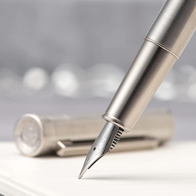 HONG DIAN 1861 Fountain Pen, Long Blade Nib, Silver Stainless Steel Design with Converter and Metal Pen Case Set