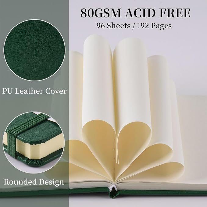 5x5" Pocket Sketch Book,80gsm Hardcover Art Sketchbook for Drawing Journal | PU Cover,Blank Paper,96Sheets/192Pages,Lay-Flat,Portable Travel Creation Paint Diary Memo Planner,Dry Media.Dark Green