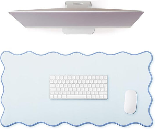 Hahafelt Scalloped Desk Mat Large Desk Pad Cute Coquette Table Mat Back to School Preppy Table Make up Pad Nonslip Graduation Gift with Stitching Waterproof Gaming(Blue,23.6 x 13.8 Inches)