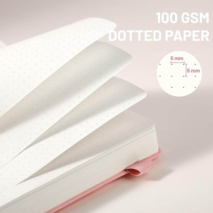 CAGIE Bullet Dotted Journal Notebook 320 Pages 100 GSM Paper Hardcover B5 Dot Grid Notebook Leather Journals for Writing Women Men Work Journaling, Pink