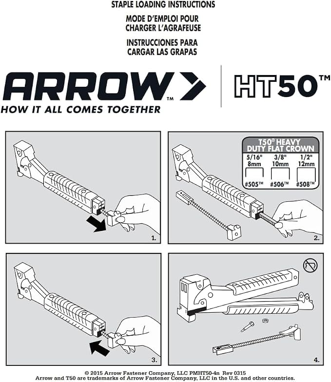 Arrow HT50 Heavy Duty Hammer Tacker, Chromed-Steel Manual Stapler with Sure-Grip Handle, Dual-Capacity Rear-Load Magazine, Fits 5/16”, 3/8", or 1/2" Staples (Pack of 4)