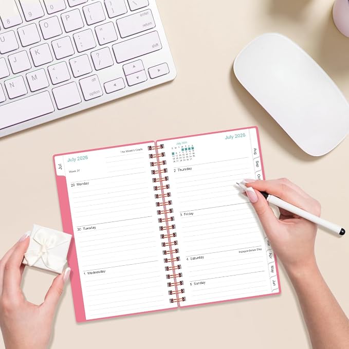 2026-2027 Pocket Planner/Calendar - 2026-2027 Planner from July 2026 - June 2027, Planner 26-27 with 12 Tabs, Twin-Wire Binding, Inner Pocket, 3.75" x 6.75, Pink
