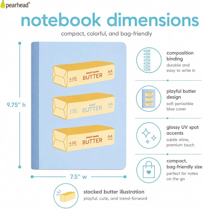 Pearhead Butter Composition Notebook — College-Ruled, 160 Pages, 7.5" x 9.75", Smooth 80 GSM Paper, UV Spot Gloss, Periwinkle Butter Illustration Journal for School, Office & Everyday Writing