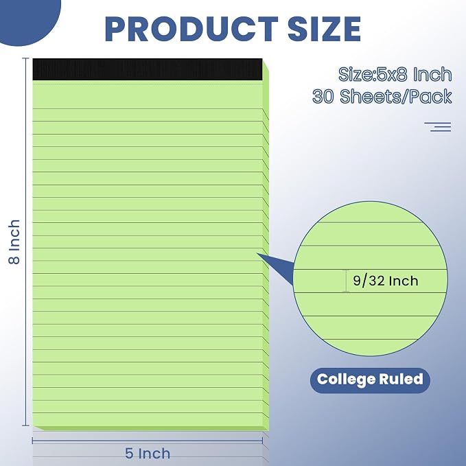 6pcs Small Note Pads, Green Notepads 5x8 College Ruled Notebook, Writing Pads 5 x 8, Legal Pads, Pad Paper Perforate Notebooks for Work, Message, School, Office Supplies,30 Sheets/Pack