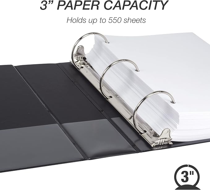 Samsill 3 Inch 3 Ring Binder, Economy Round Ring, Clear View Cover, 550 Sheet Capacity - for School, Home, Office - Charcoal Black