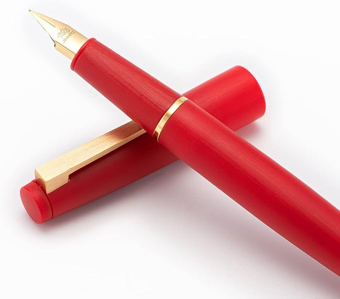 Jinhao 80 Red Fiber Brushed Fountain Pen, Iridium Fine Gold Nib with Ink Converter, Classic Design Smooth Writing Pen (Gold Clip)