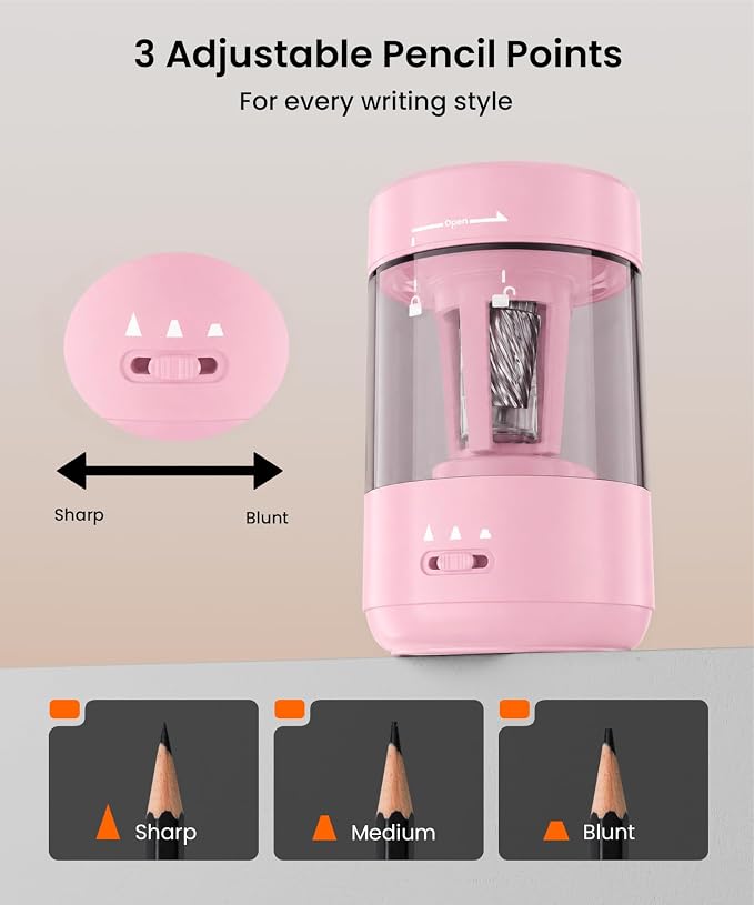Electric Pencil Sharpener for Classroom, Fully Automatic Pencil Sharpener for 6-8mm Pencils & Colored Pencils, Auto in & Out Type-C Rechargeable Pencil Sharpeners for Home, School Light Pink