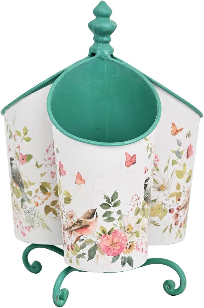 360° Rotating Metal Pen Holder for Desk, Cute Floral Bird Desktop Organizer with Dome Roof, Pencil Cup & Remote Control Holder for Home Office (Green)