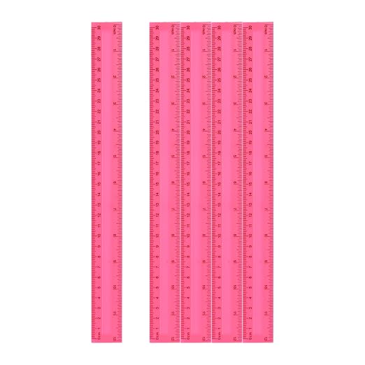 HARFINGTON 5pcs Plastic Rulers 12" (30cm) Clear Straight Ruler Measuring Tool Inches and Centimeters for Home Office Classrooms Drafting, Pink