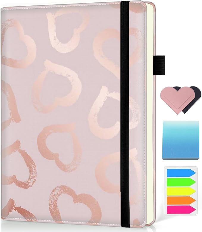 Hardcover Executive Notebooks, A5 PU Leather Lined Journal Notebook, 200 Pages Thick Paper Subject Notebooks for School,Work,Home Writing Business Notebook, Diary Book ，Rose Gold Heart