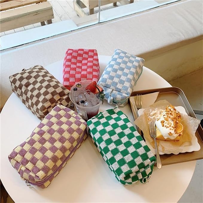 Checkered Makeup Bag for Purse, Small Travel Cosmetic Pouch,Purple,2 Pack | Cute Zipper Makeup Organizer for Women, Travel Essentials, Toiletries, Makeup Brushes, Beauty Accessories&Bridesmaid Gifts