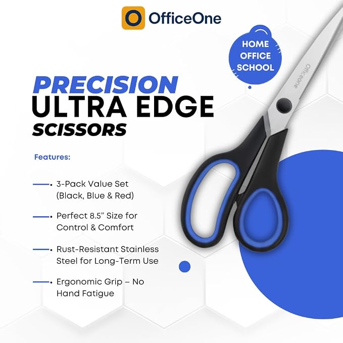 OfficeOne 3-Pack Heavy Duty Scissors 8" – Ultra Sharp Multipurpose Scissors with Comfort Grip Handles for Office, School, Home, Crafts & Sewing (3)