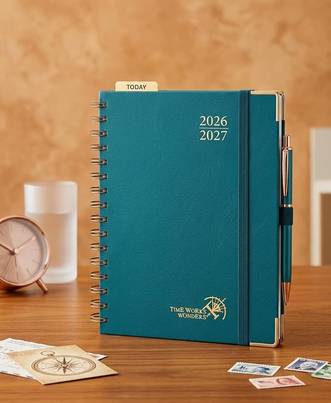 POPRUN 2026-2027 Weekly Planner 6.25" x 8.5" Weekly and Monthly Planner | Jul 2026 - Jun 2027 Daily Agenda Book with Hourly Schedule, Tabs, Hardcover, School and Office Supplies- Pacific Green