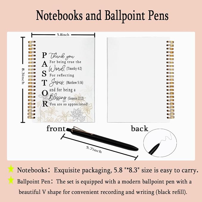Pastor Appreciation Gifts for Men Women - A5 Spiral Notebook and Pen Set, Christian Religious Scripture Journal, Thank You Gifts for Ministers, Priests, Clergy, 80 Sheets College Ruled
