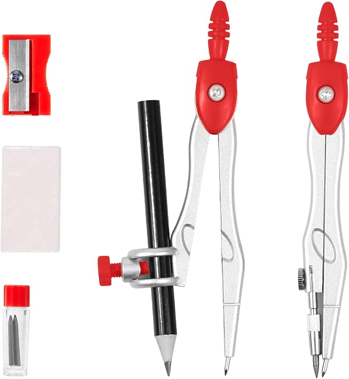 Unjoo Geometry Set 10 Pcs Student Supplies, Protractor and Compass (Red) | Shatterproof Storage Box,Rulers,Protractor,Compass,Eraser,Pencil Sharpener,Lead Refills,Pencil,for Classroom, Back to School