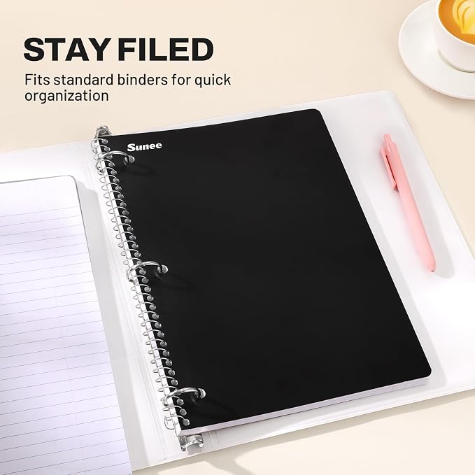 SUNEE Spiral Notebooks, 3 Pack, 1-Subject, College Ruled Paper, 8" x 10-1/2", 70 Sheets per Notebook, Black