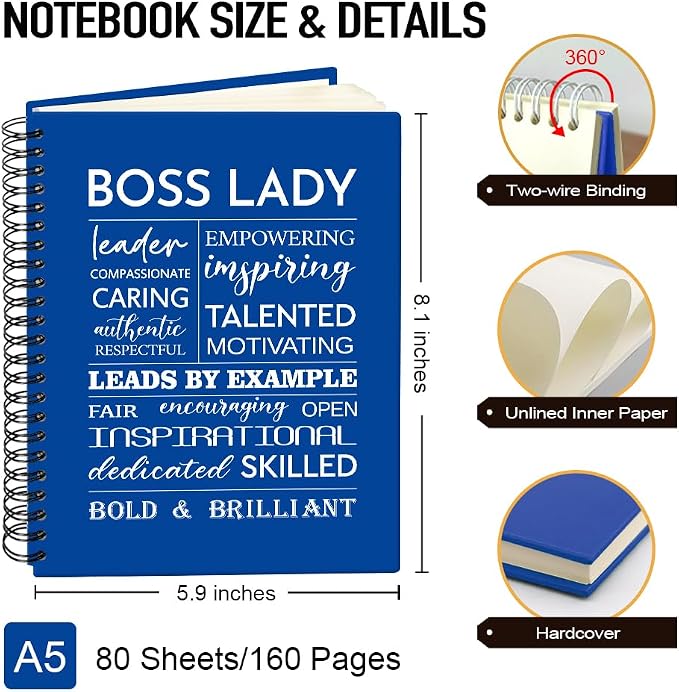 Boss Lady 160 Blank Pages Dark Blue Hardcover Spiral Notebook, New Business Owner Gifts Women Boss Gifts for Boss Female, Appreciation Gifts for Women Entrepreneur, Boss Day Women's Day Gifts