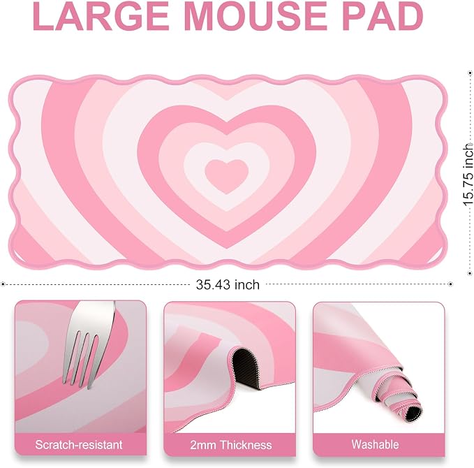 L-SPOUTTO Pink Mouse Pad,Cute Desk Mat XXL Large Scalloped Gaming Mousepad,35.4x15.7in Non-Slip Rubber Base Keyboard Pad Waterproof Desktop Mat for Laptop Computer Work Game Home Office-Pink Heart