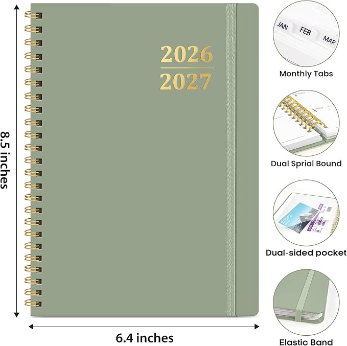 Academic Planner 2026-2027, Weekly and Monthly Calendar Planner Book, July 2026 – June 2027, Hardcover Organizer with Tabs, Perfect for Teachers, Students, Women & Men, A5 (6.4" x 8.5") - Green