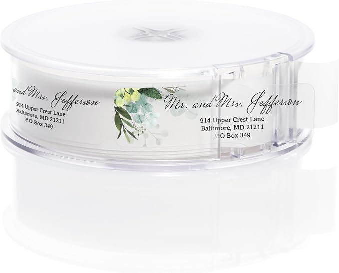 Clear Floral Greenery Rolled Address Labels / 500 Personalized Return Address Labels/Custom Address Stickers in Elegant Plastic Dispenser