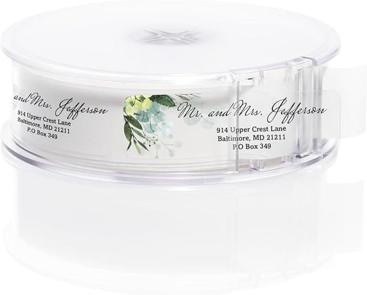 Clear Floral Greenery Rolled Address Labels / 500 Personalized Return Address Labels/Custom Address Stickers in Elegant Plastic Dispenser