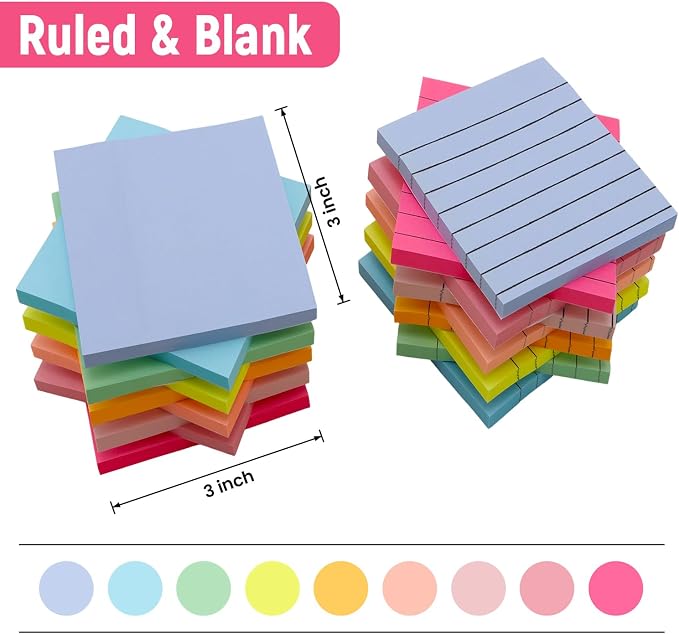 18 Pack Lined and Blank Pads 3x3 Sticky Notes Bulk Pack 9 Colors 56 Sheets | Back to School Supplies for Students;Clean To-Do Lists;Office Supplies for Professionals