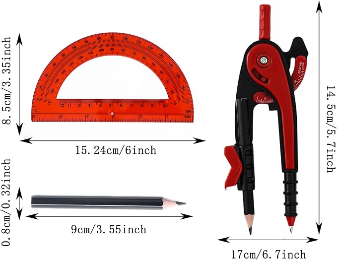 Vobou Compass for Geometry Set, 6 Inch Protractor, Clear Plastic (Red) | 6 Inch Compass, Sharpener and Eraser, Easy Grip, Drafting Tool for Scool, Art, Drawing Precision Design for Math