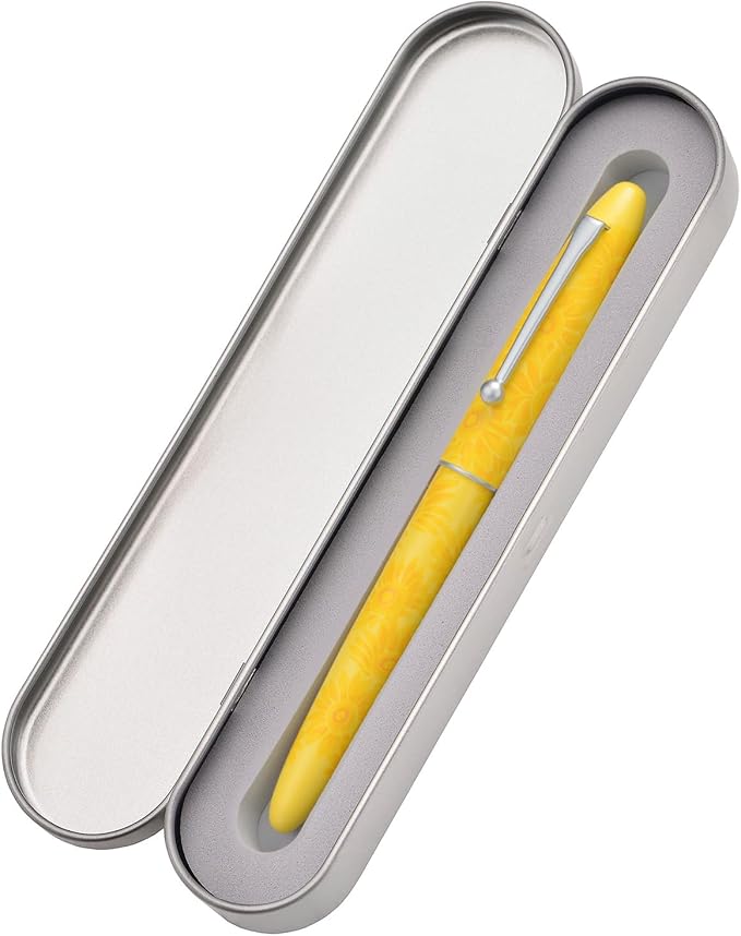 HONG DIAN C3 Fountain Pen, Iridium Extra Fine Soft Nib Chinese Knot Carving, Bright Yellow & Sunflower Painting Design with Metal Box Set