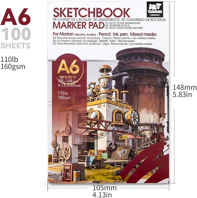 TRANSON A6 Mini Sketchbook Marker Pad, 110lb/160gsm Heavyweight Art Paper, No Bleed Through, 100 Sheets/200 Pages 4.13"x5.83" for Drawing & Sketching