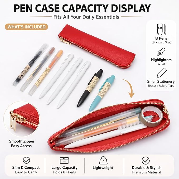 Slim Pencil Case Small Pencil Pouch Pen Case (Bright Red/FL)