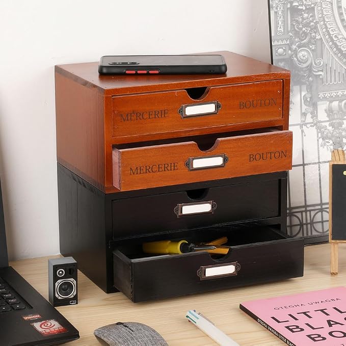 Small Wooden Drawers Wooden Box with Drawer Brown | 2 Drawer Storage Box for Apothecary Cabinet, Apothecary Drawers，Desktop Organizer with Metal Handles for Office，Home