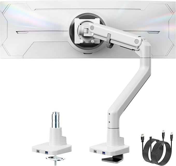 monTEK Heavy Duty Monitor Arm, 17-57" Ultrawide, Gas Spring, with USB，White | Desk Monitor Mount Holds Max 57" Ultrawide Curved Screen Up to 59.4 lbs with USB 3.0A/C,No Sag,Clamp & Grommet Arm,75/100VESA