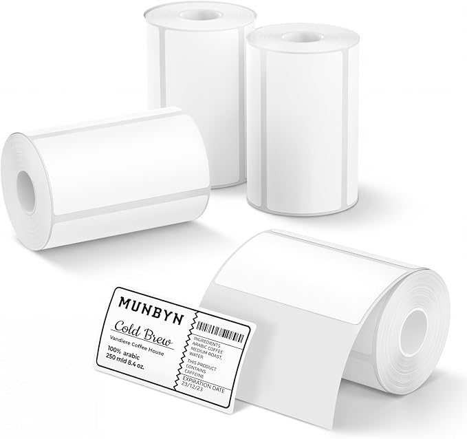 MUNBYN 4x2 Thermal Labels, 2000 Sheets/4 Roll，White | Strong Adhesive & Perforated, Non BPA&BPS for Small Business, Barcode, Bakery, Inventory, Price Tag