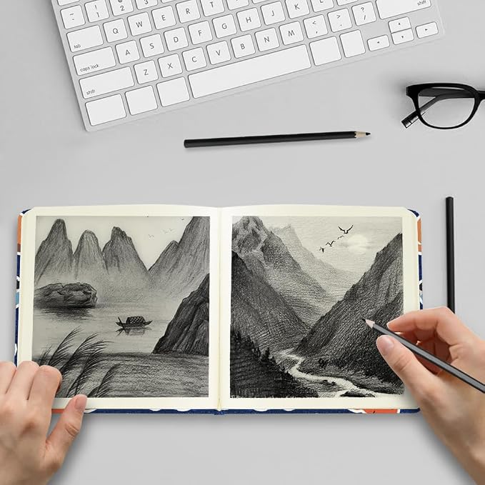 4.8" Square Pocket Sketch Book,Hardcover Art Sketchbook for Drawing Journal | Cloth Cover,80gsm Blank Paper,96Sheets,Lay-Flat,Portable Travel Creation Paint Diary Memo Planner,Dry Media.Line Ball Cat