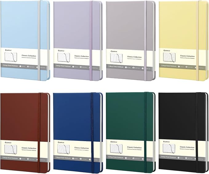 Comix 8 Pack Lined Journal Notebooks for Work, 240 Pages, 5.5"x8.3", Hardcover, A5 Medium College Ruled, Journaling Notebooks for Notes-taking, Fits for Office School Home, Rainbow