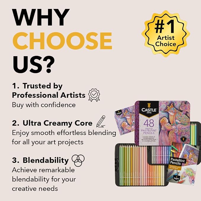 Castle Art Supplies Pasteltint Colored Pencils Tin Set | 48 Colors in Softer, Sumptuous Tones | for Professional and Adult Artists |Presented in Tin Case