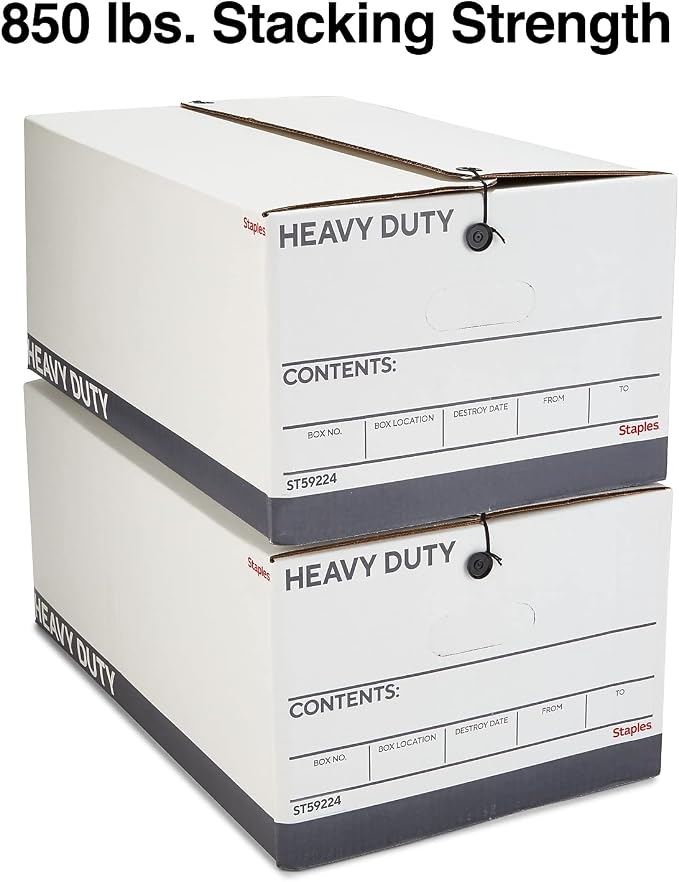 STAPLES Heavy Duty File Box, String and Button Lid, Legal, White/Gray, 4/Pack (TR59224)