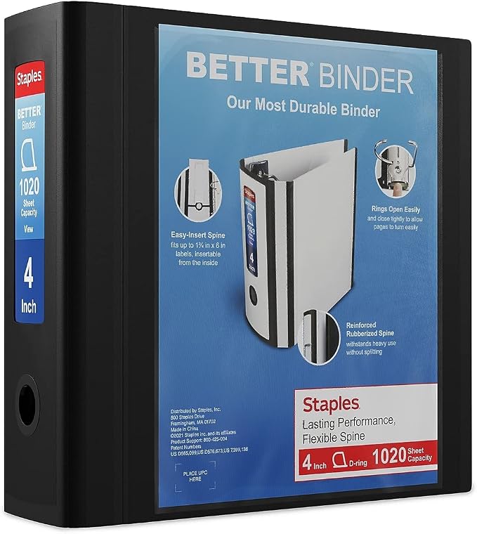 Staples Better Binder, 4" D‑Ring 3‑Ring View Binder, Black, Reinforced Spine, Durable High‑Capacity Binder for School & Office Organization